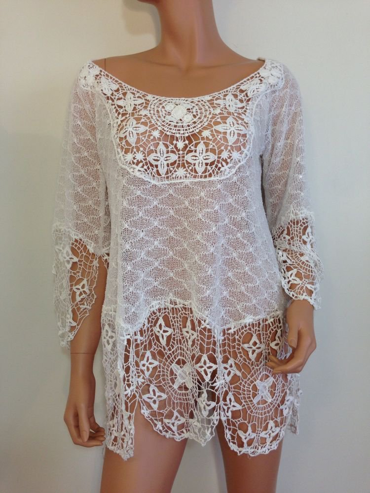Free People Anthropologie White Crochet Lace BlouseTop bohemian hippie MEDIUM