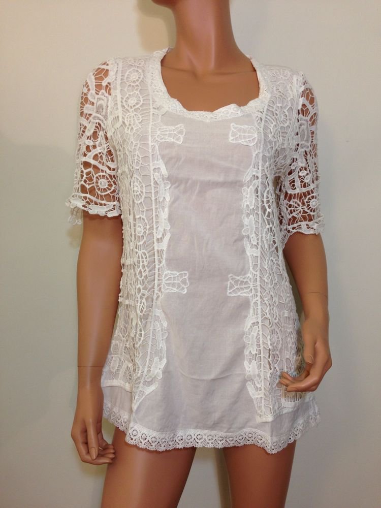White Crochet Lace Blouse TUNIC Top hippie hobo gauze SMALL
