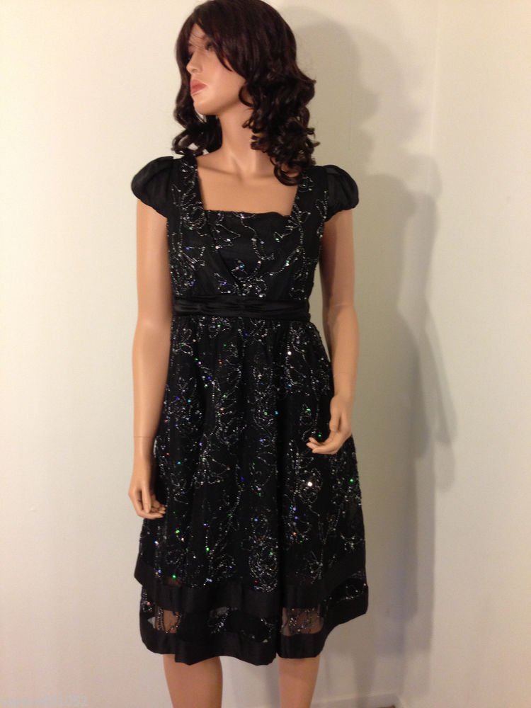 BLACK Embellished sequin vtg 50s 60s beaded prom rockabilly dress MEDIUM