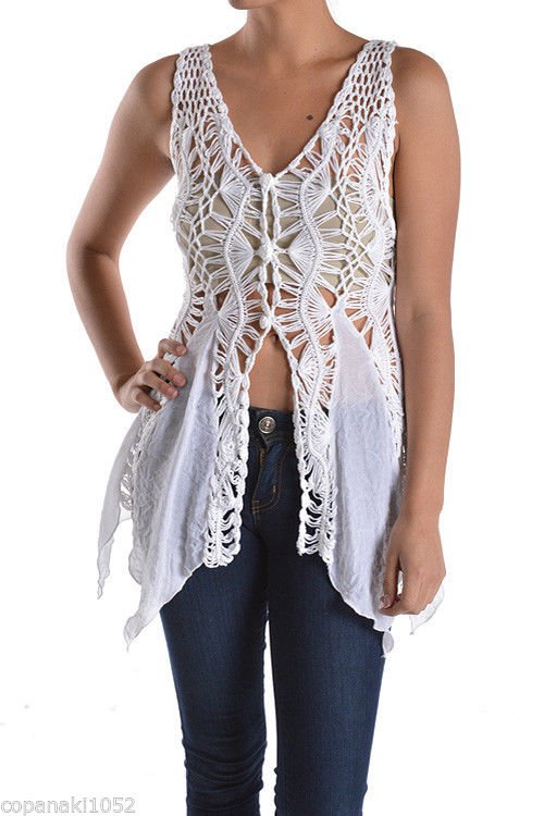 LAST ONE! Pretty White crochet cardigan angel vest hippie top blouse SMALL