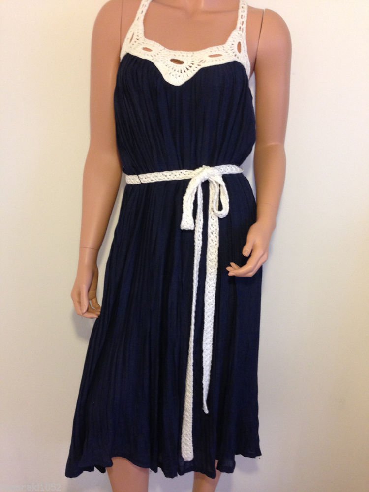 White blue crochet dress hippie boho bohemian maxi long mid calf midi MEDIUM