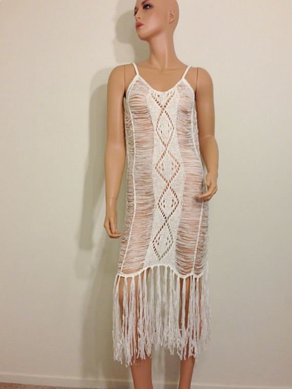 White 20s Gatsby inspired maxi Dress flapper tassel crochet fringe deco SMALL