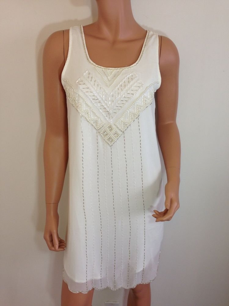 Ivory White Beaded Sequin Gatsby Roaring 1920s Style Dress Flapper Scallop SMALL