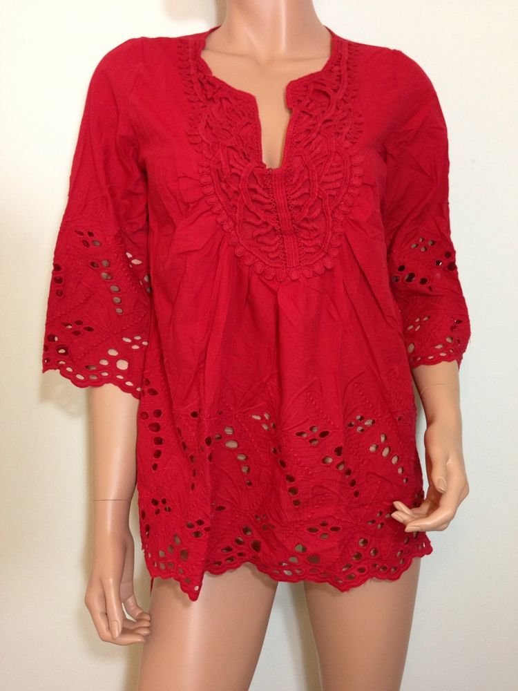 Red Eyelet lace tunic top blouse hippie boho cotton SMALL