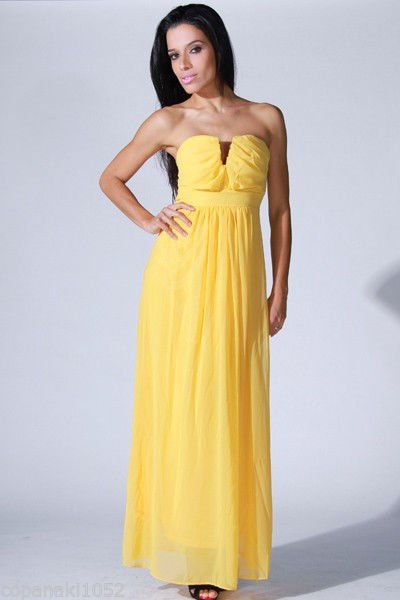 Yellow maxi dress long strapless party prom wedding XS SMALL MEDIUM