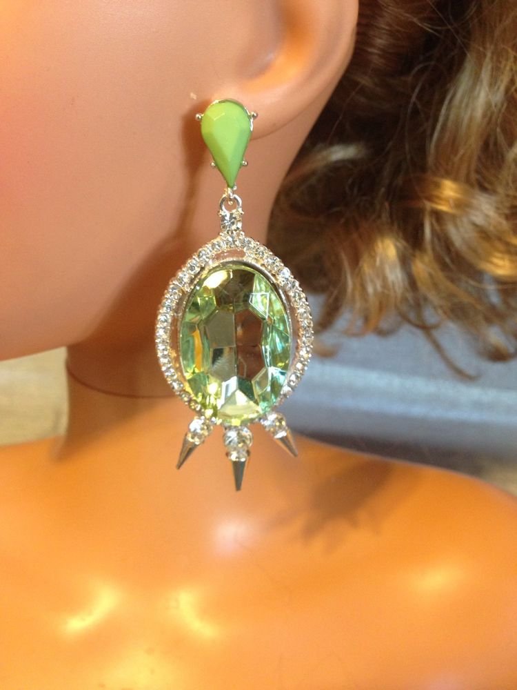Teal Green Light Glistening Rhinestone Pave Crystal Spike Earrings