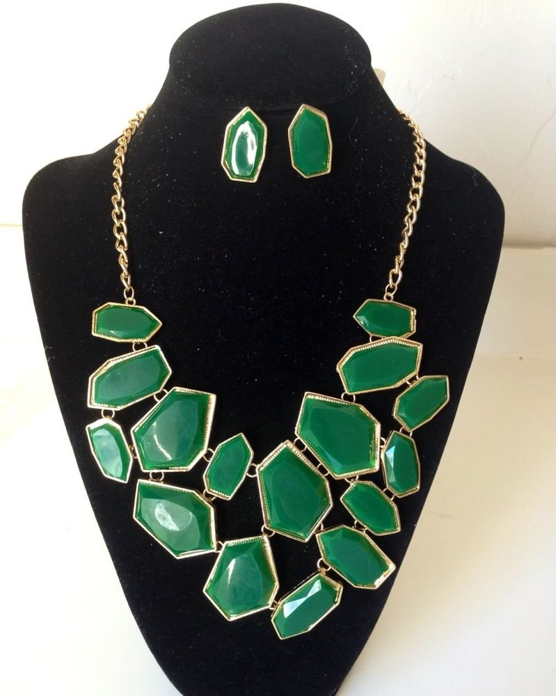 New Arrive Green Enamel panels shape large Bib Statement Necklace Earring Set