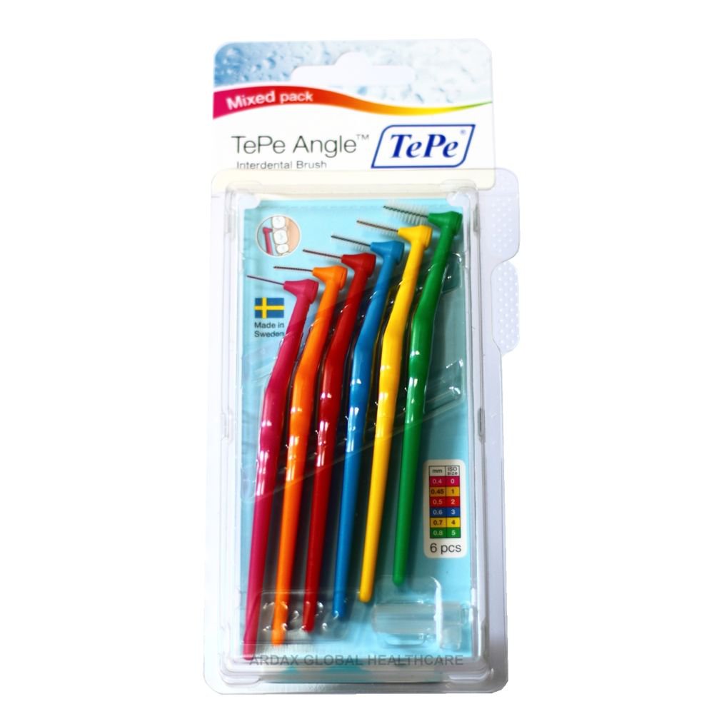 TePe TE-PE ANGLE INTERDENTAL BRUSH MIXED COLOUR PACK X 6 PCS, ANGLED BRUSHES