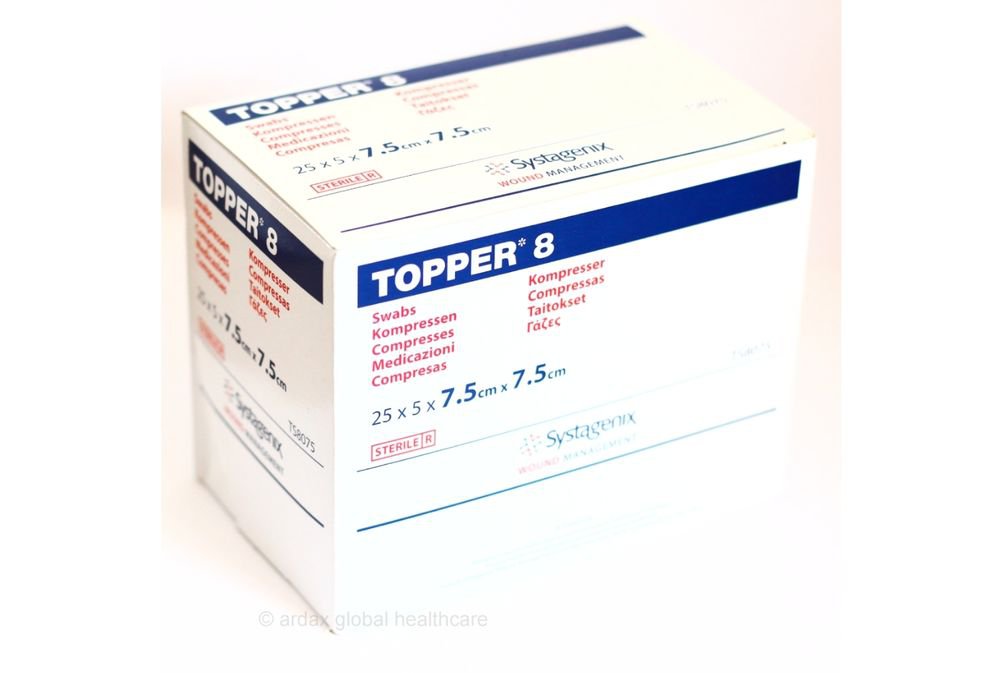 GAUZE SWABS STERILE 7.5 X 7.5CM TOPPER 8, X25 BOX (125)