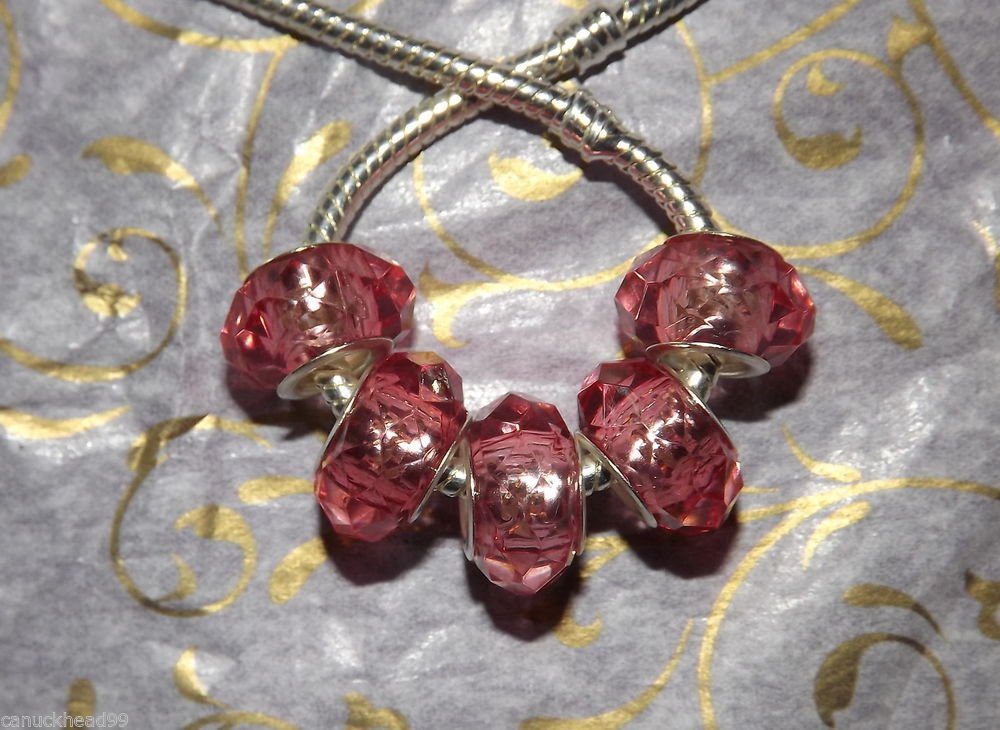 10pcs Acrylic Silver Buckle Core European Faceted Charm Beads 14mm Rose Pink