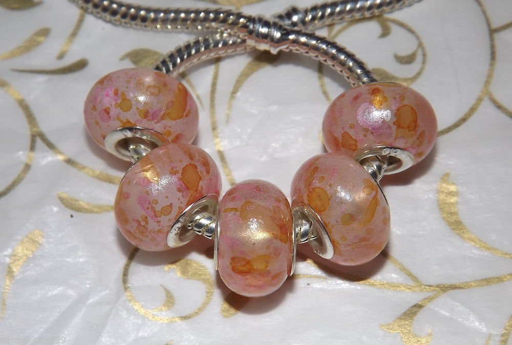 10pcs Acrylic Silver Buckle Core European Charm Beads Transparent Pink Orange