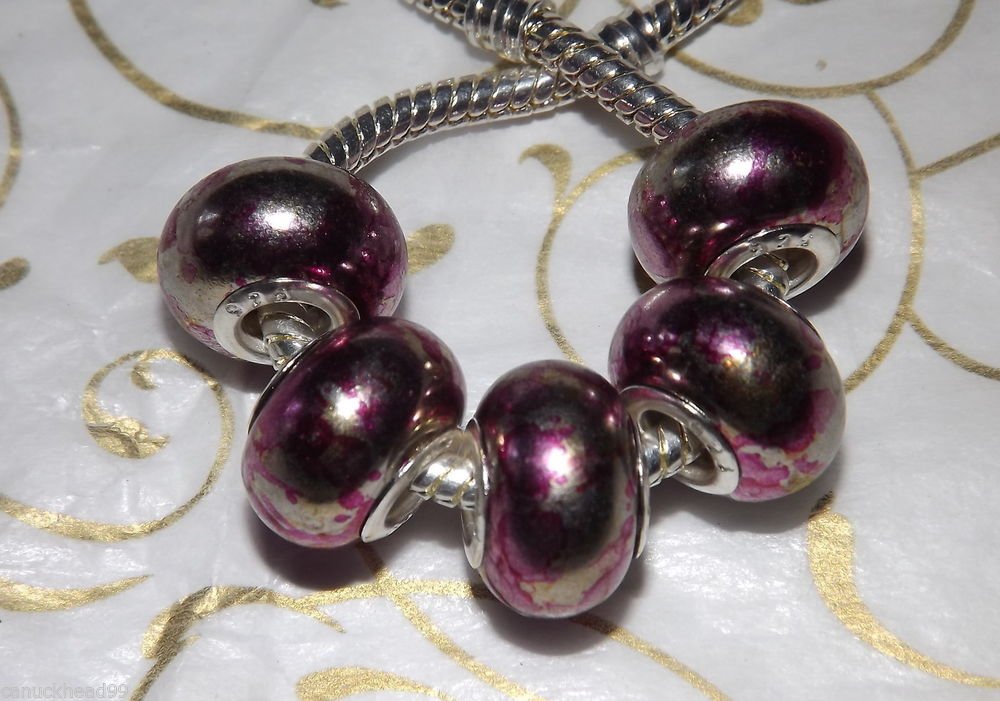 10pcs Acrylic Silver Buckle Core European Charm Beads Magenta Metallic