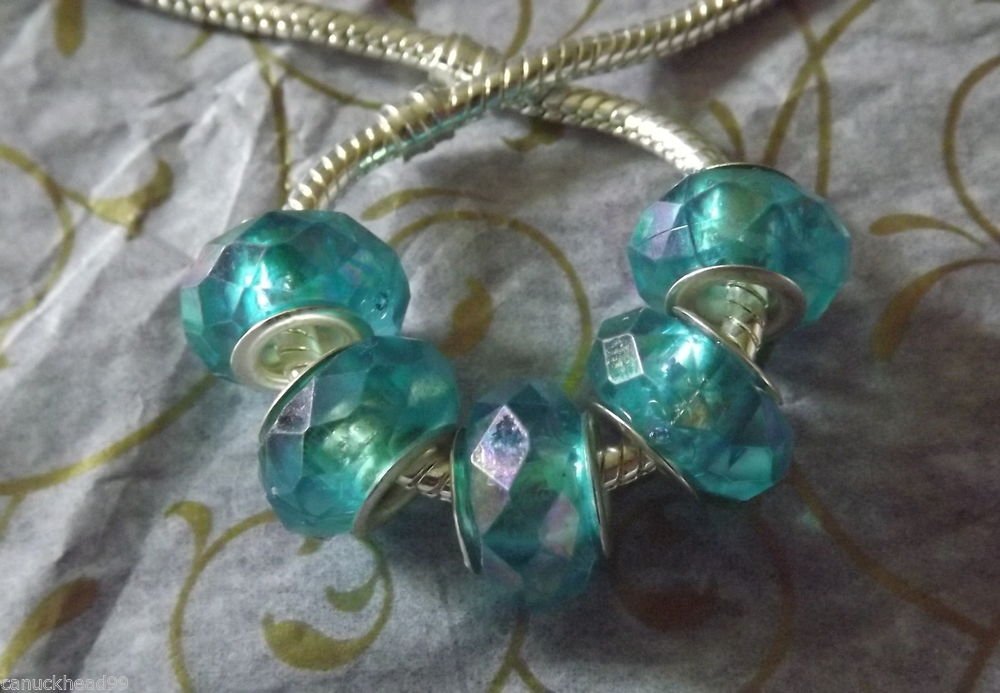 10pcs Acrylic Silver Buckle Core European Faceted Charm Beads 14mm AB Blue Green