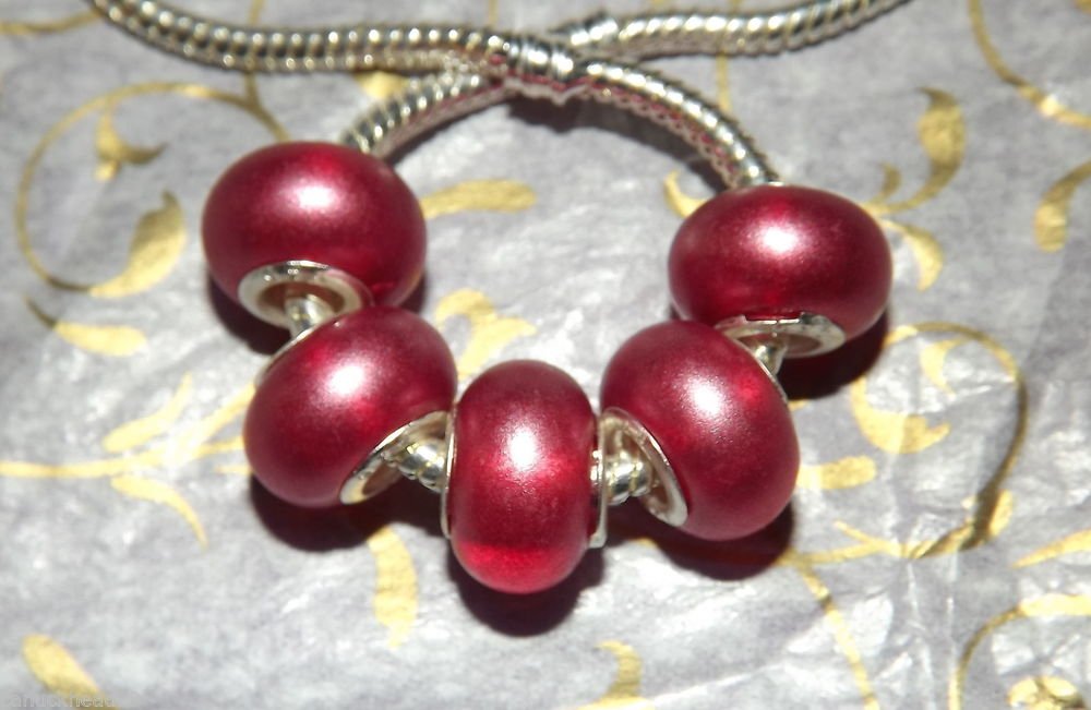 10pcs Acrylic Silver Buckle Core European Charm Beads Bracelet Transparent Red