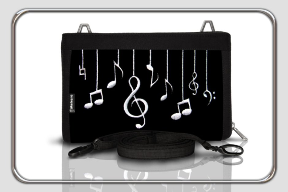genuine black suede clutch bag &organizer with musical embroidery motif