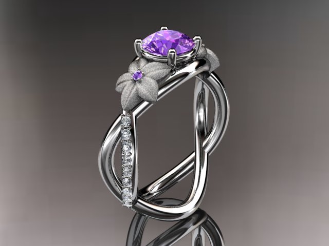 14kt white gold diamond leaf and vine birthstone ring ADLR90 Amathyst - February\'s Birthstone
