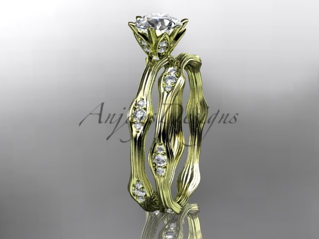 14kt yellow gold diamond leaf and vine wedding ring,engagement ring,engagement set ADLR132S