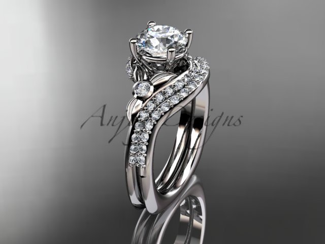 14kt white gold diamond leaf and vine engagement ring set ADLR112S