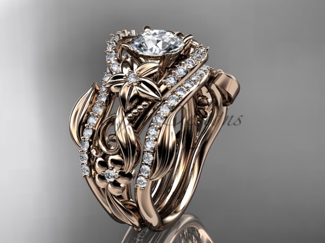 14kt rose gold engagement ring with Moissanite center stone and double matching band ADLR211