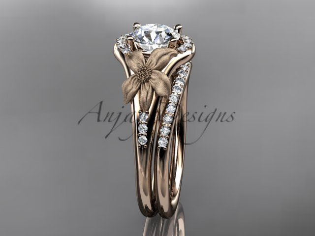 14kt rose gold diamond leaf and vine wedding ring, engagement set ADLR91 nature inspired jewelry