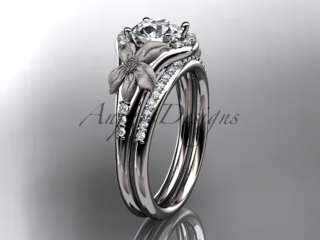 14kt white gold diamond leaf and vine wedding ring, engagement set ADLR91 nature inspired jewelry
