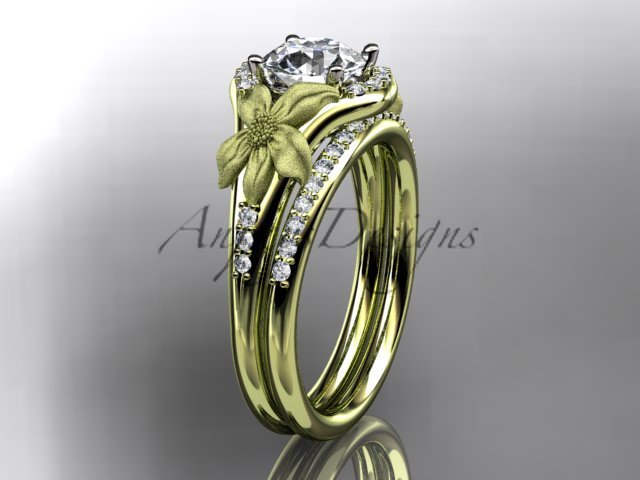 14kt yellow gold diamond leaf and vine wedding ring, engagement set ADLR91 nature inspired jewelry