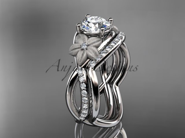 Platinum diamond leaf and vine wedding ring, engagement set ADLR90