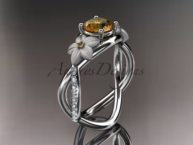 14kt white gold diamond leaf and vine birthstone ring ADLR90 Citrine November\'s birthstone