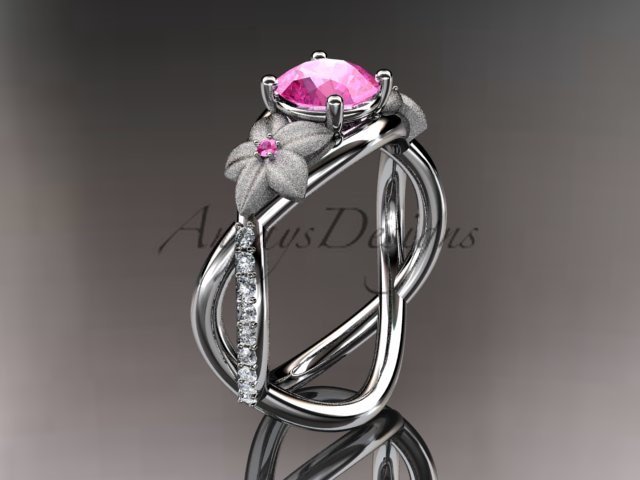14kt white gold diamond leaf and vine birthstone ring ADLR90 Pink Tourmaline - October\'s birthstone