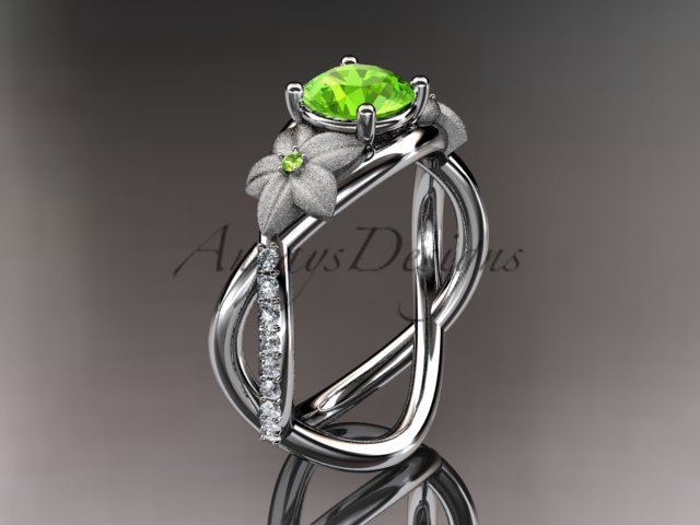 14kt white gold diamond leaf and vine birthstone ring ADLR90 Peridot - August\'s birthstone
