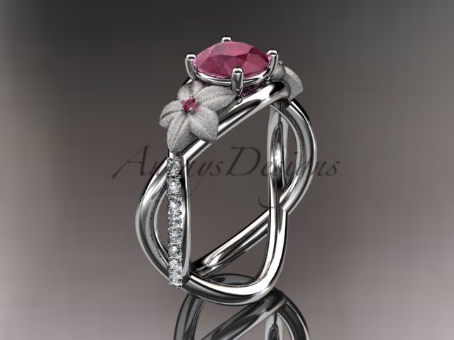 14kt white gold diamond leaf and vine birthstone ring ADLR90 Ruby - July\'s birthstone