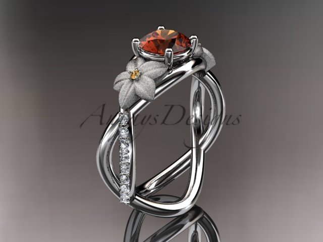 14kt white gold diamond leaf and vine birthstone ring ADLR90 Rhodolite Garnet - June\'s Birthstone