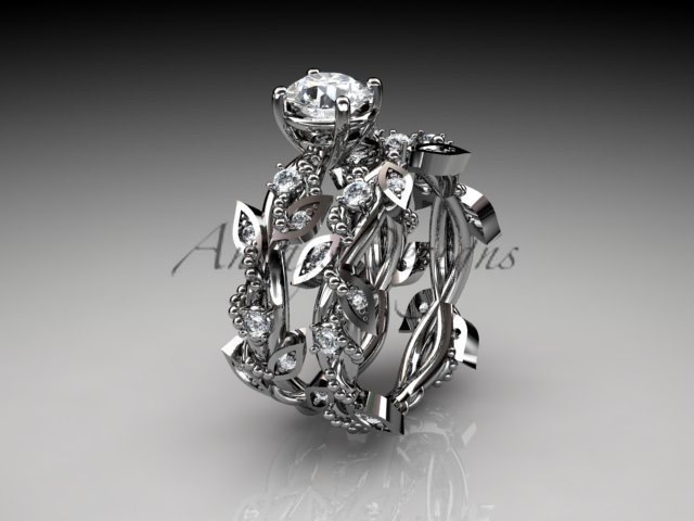 14k white gold diamond leaf and vine wedding ring, engagement set ADLR59S