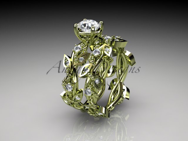 14k yellow gold diamond leaf and vine wedding ring, engagement set ADLR59S