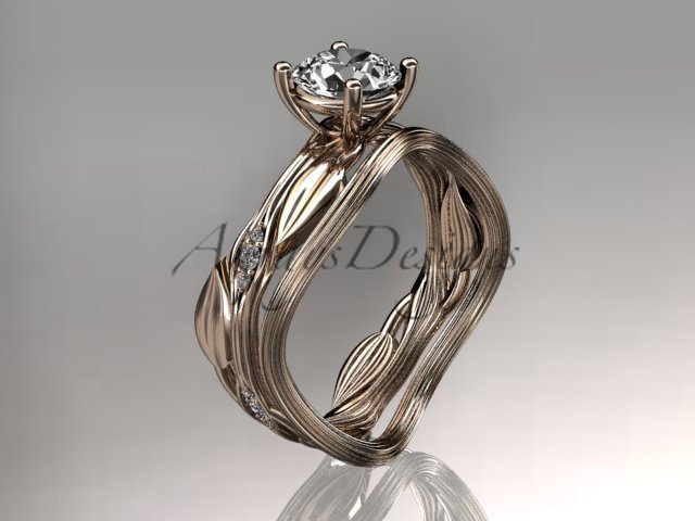 14k rose gold diamond leaf and vine wedding ring set,engagement ring set ADLR31S