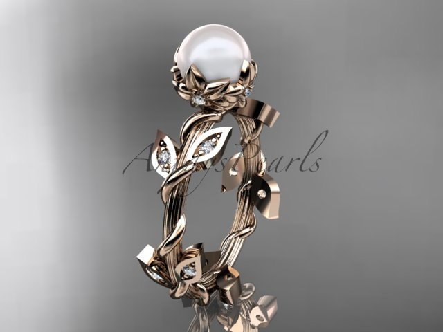 14kt rose gold diamond leaf and vine, floral pearl wedding ring, engagement ring AP20