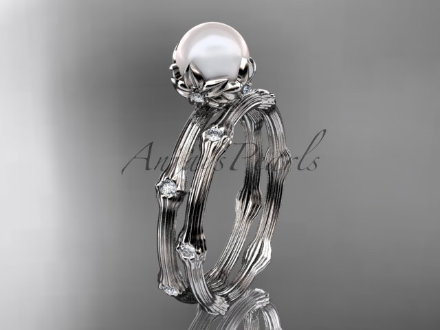14k white gold diamond pearl vine and leaf engagement set AP38S