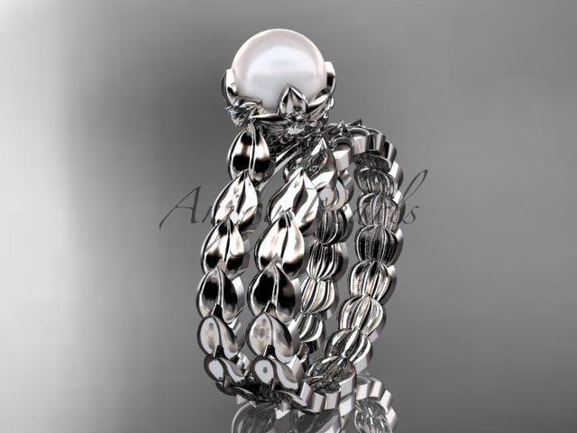 Platinum diamond leaf and vine, floral pearl wedding set, engagement set AP35S