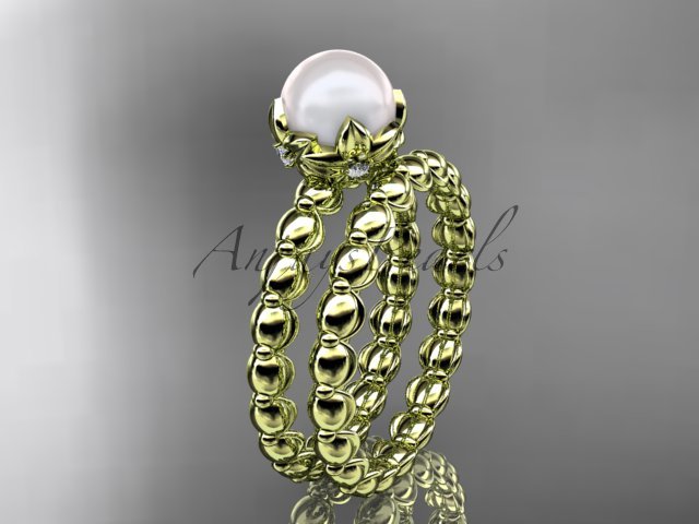 14kt yellow gold diamond leaf and vine, floral pearl wedding set, engagement set AP34S