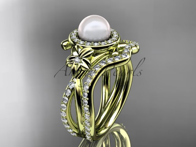 14k yellow gold diamond pearl vine and leaf engagement set AP89S