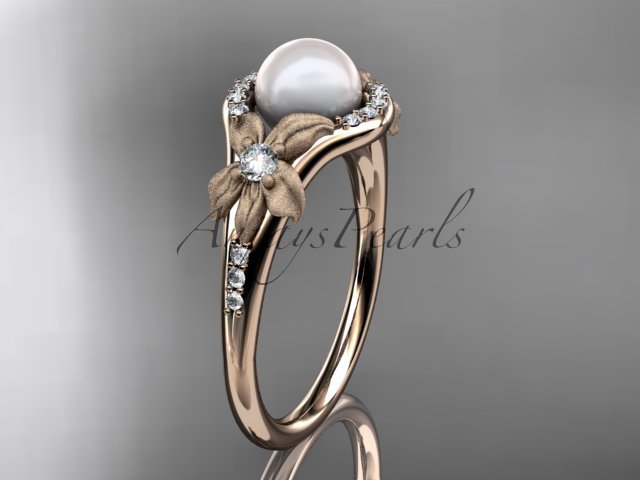 14k rose gold diamond pearl vine and leaf engagement ring AP91