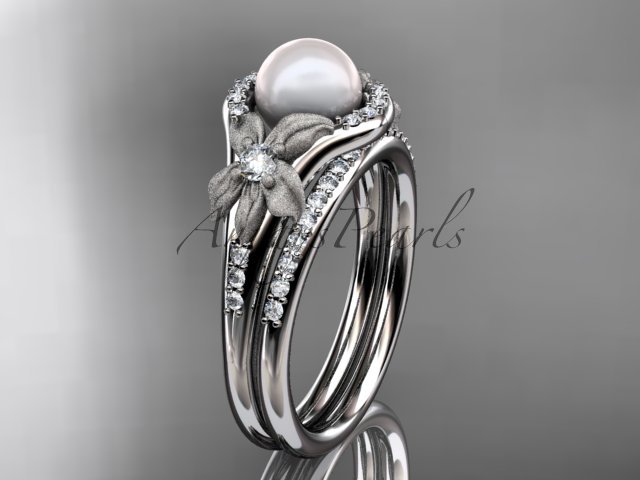 14k white gold diamond pearl vine and leaf engagement set AP91S
