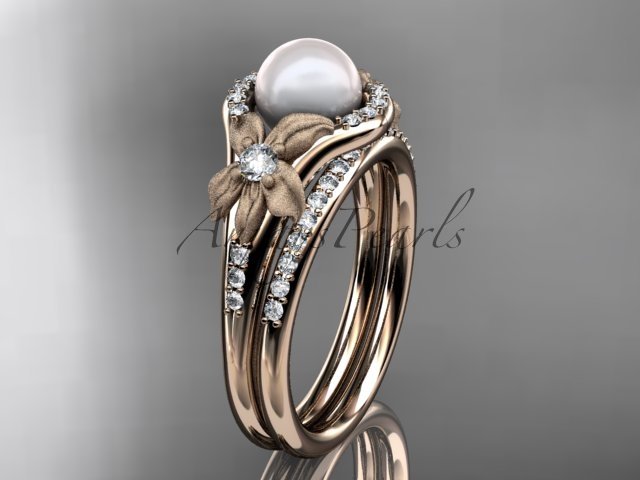 14k rose gold diamond pearl vine and leaf engagement set AP91S