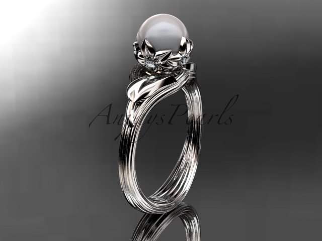 Platinum diamond pearl flower, leaf and vine engagement ring AP240