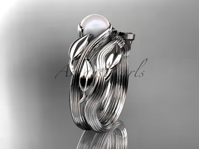 14kt white gold pearl leaf and vine engagement set AP273S