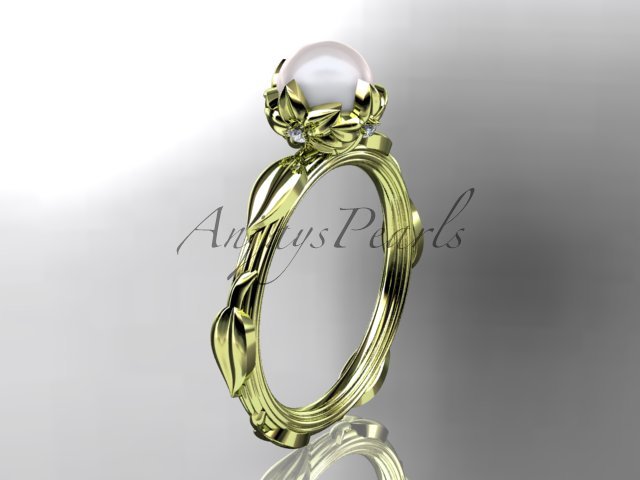 14k yellow gold diamond pearl vine and leaf engagement ring AP290