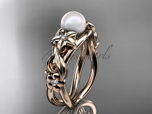 Unique 14kt rose gold diamond floral pearl engagement ring AP302