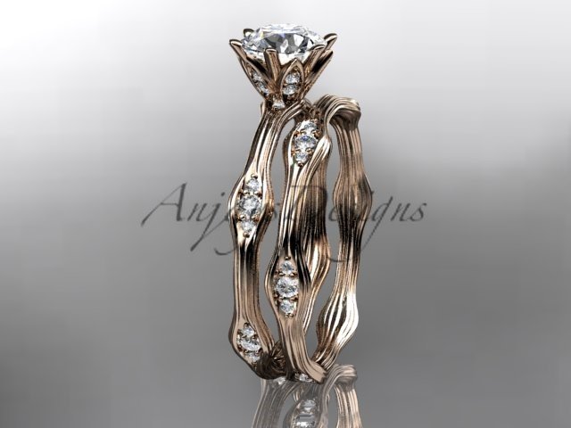 14k rose gold diamond leaf and vine wedding ring, engagement ring, engagement set ADLR132S