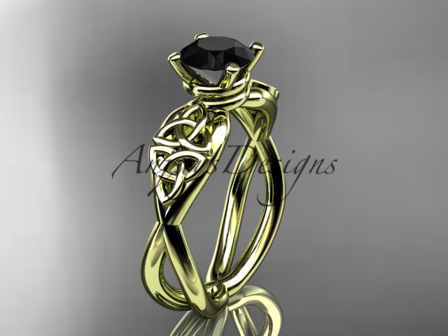 14kt yellow gold celtic trinity knot engagement ring with a Black Diamond center stone CT770