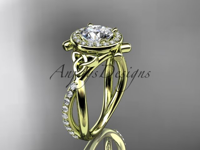 14kt yellow gold celtic trinity knot engagement ring with a Moissanite center stone CT789
